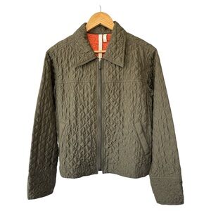 Debra size M 100% silk quilted olive green zip-up jacket orange interior lining